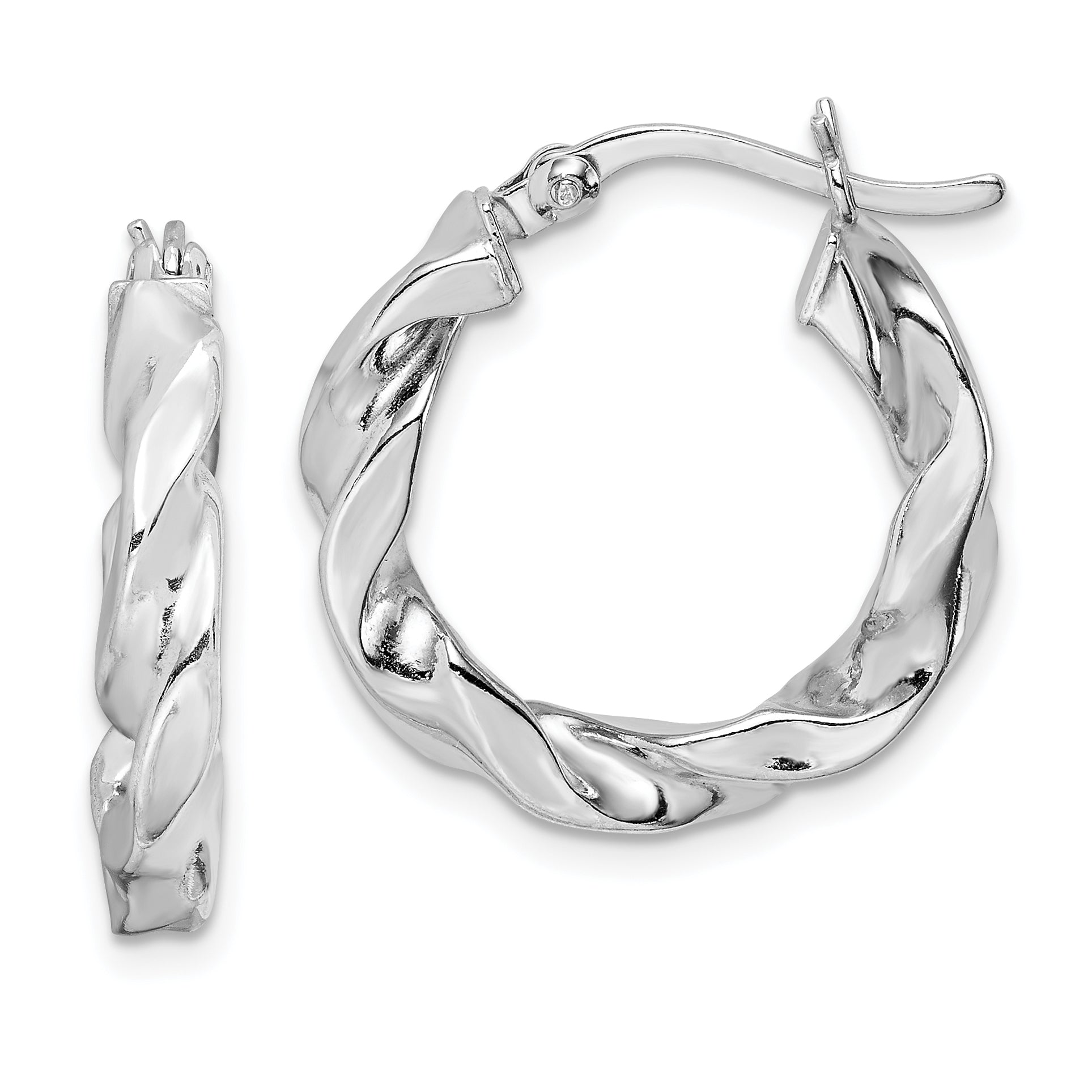 Sterling Silver Rhodium Plated Twisted 3.5x20mm Hoop Earrings