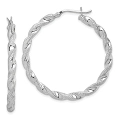 Sterling Silver Rhodium Plated Twisted 3.5x40mm Hoop Earrings