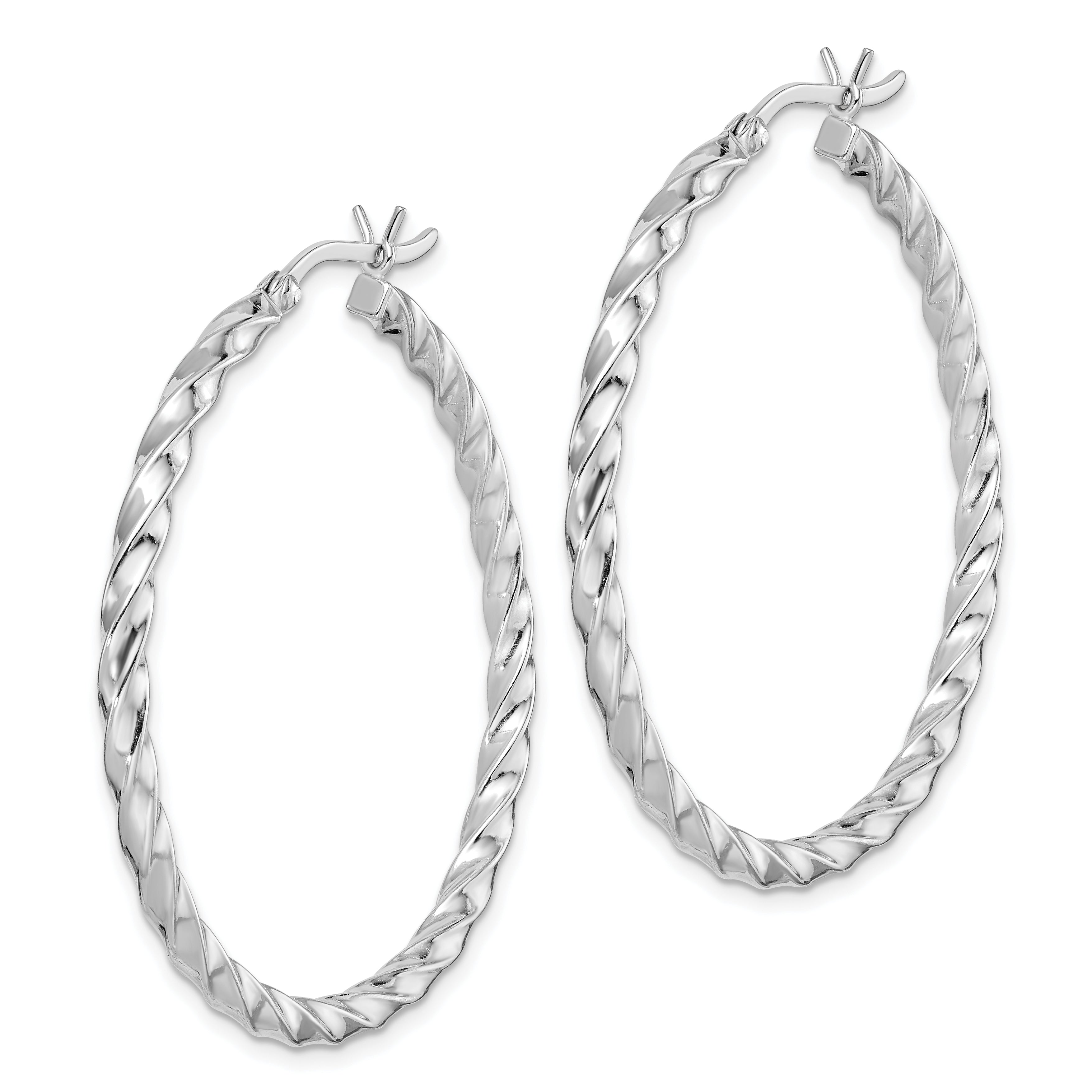 Sterling Silver Rhodium-plated Twisted 3x40mm Hoop Earrings