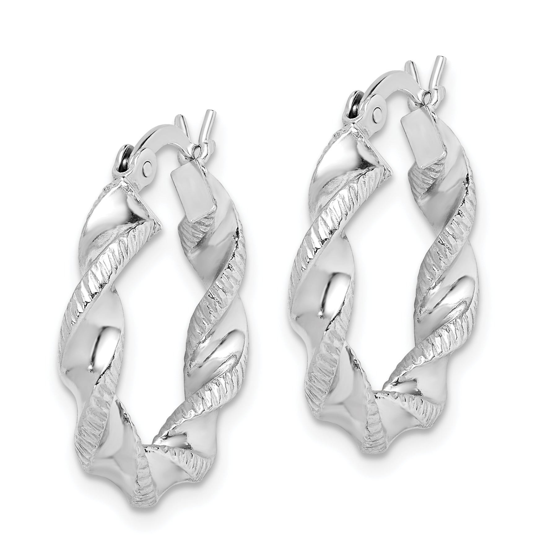 Sterling Silver Rhodium Plated Twisted 3.5x20mm Hoop Earrings