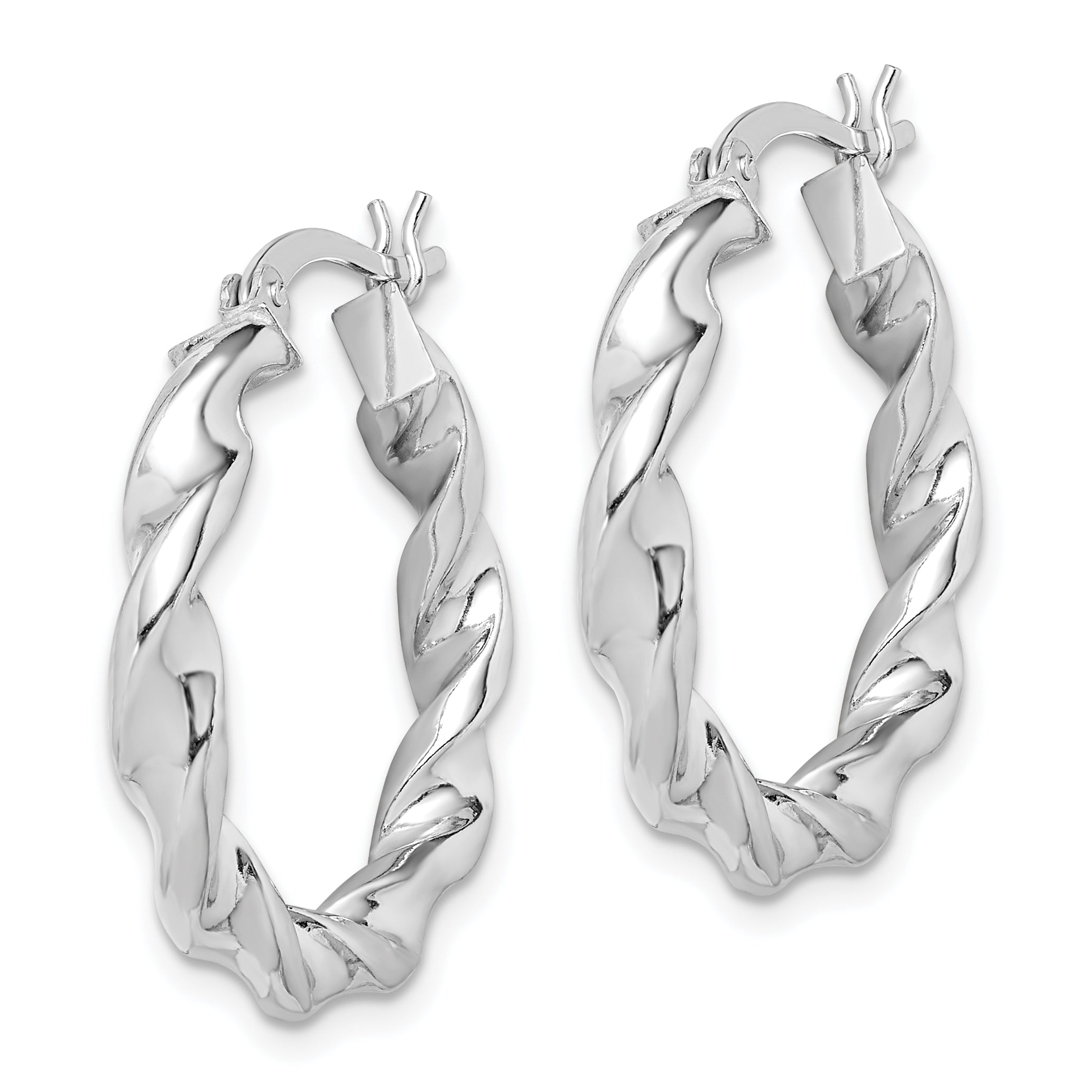 Sterling Silver Rhodium Plated Twisted 3.5x25mm Hoop Earrings