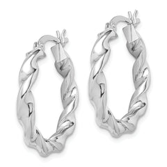 Sterling Silver Rhodium Plated Twisted 3.5x25mm Hoop Earrings