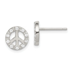 Sterling Silver Rhodium-plated Small CZ Peace Symbol Post Earrings