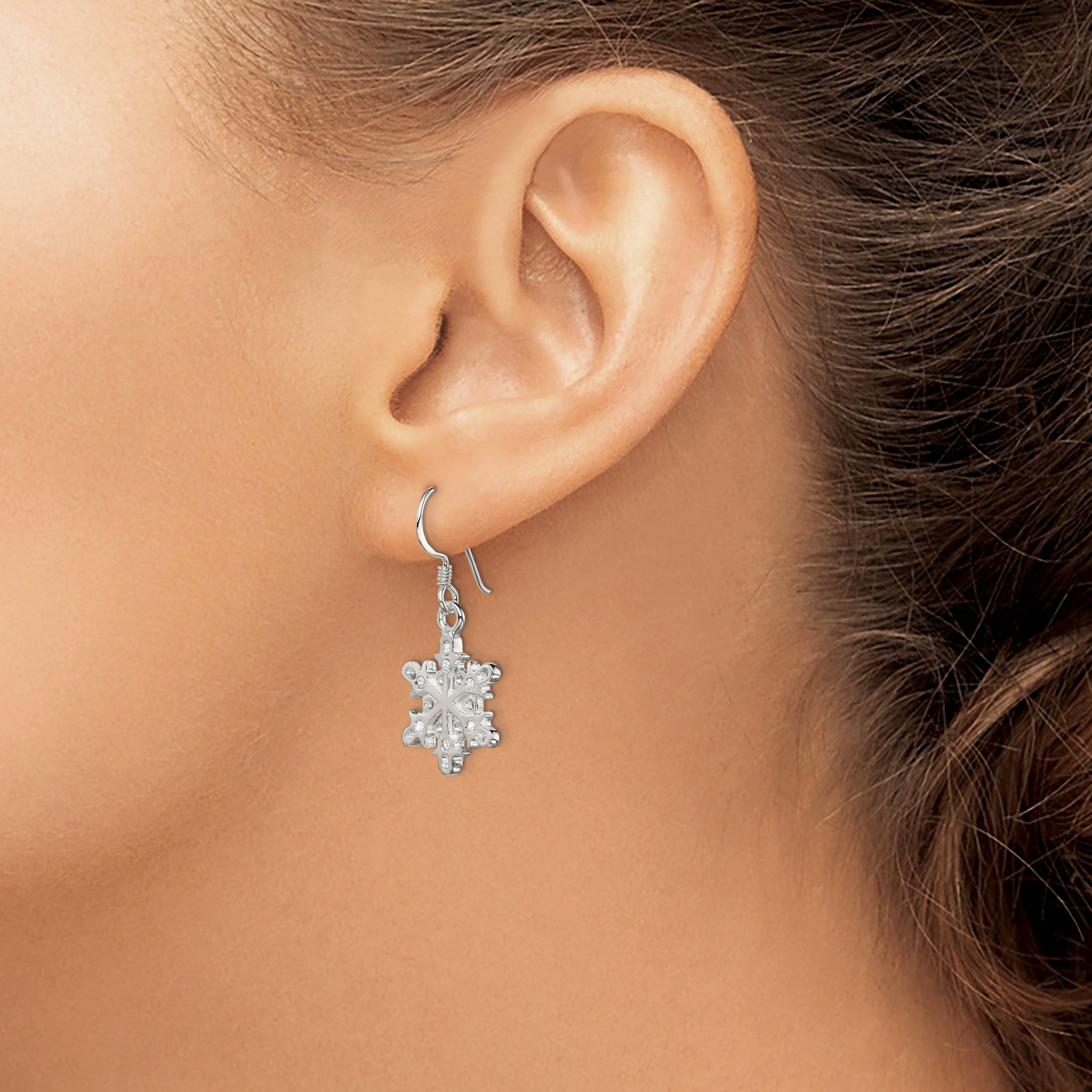 Sterling Silver Polished / Satin CZ Snowflake Dangle Earrings