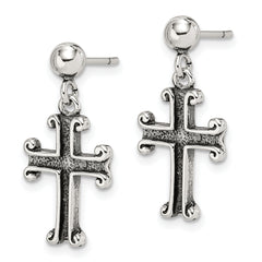 Sterling Silver Polished & Antiqued Cross Post Dangle Earrings