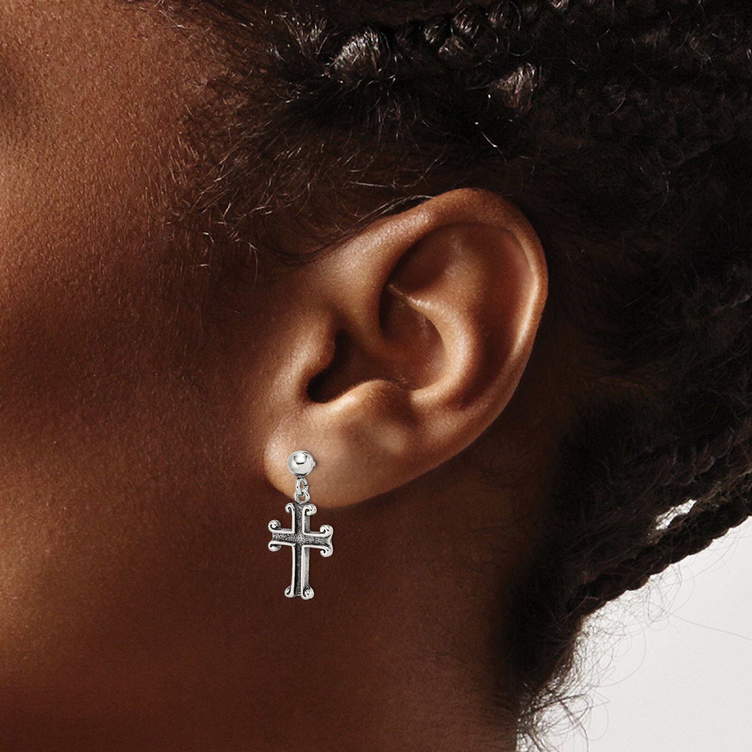 Sterling Silver Polished & Antiqued Cross Post Dangle Earrings