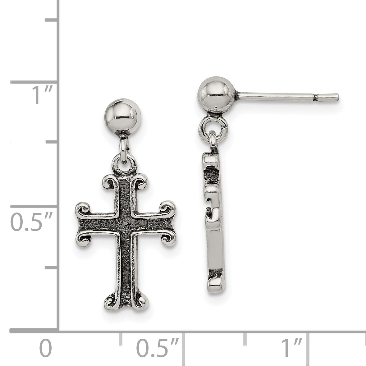 Sterling Silver Polished & Antiqued Cross Post Dangle Earrings