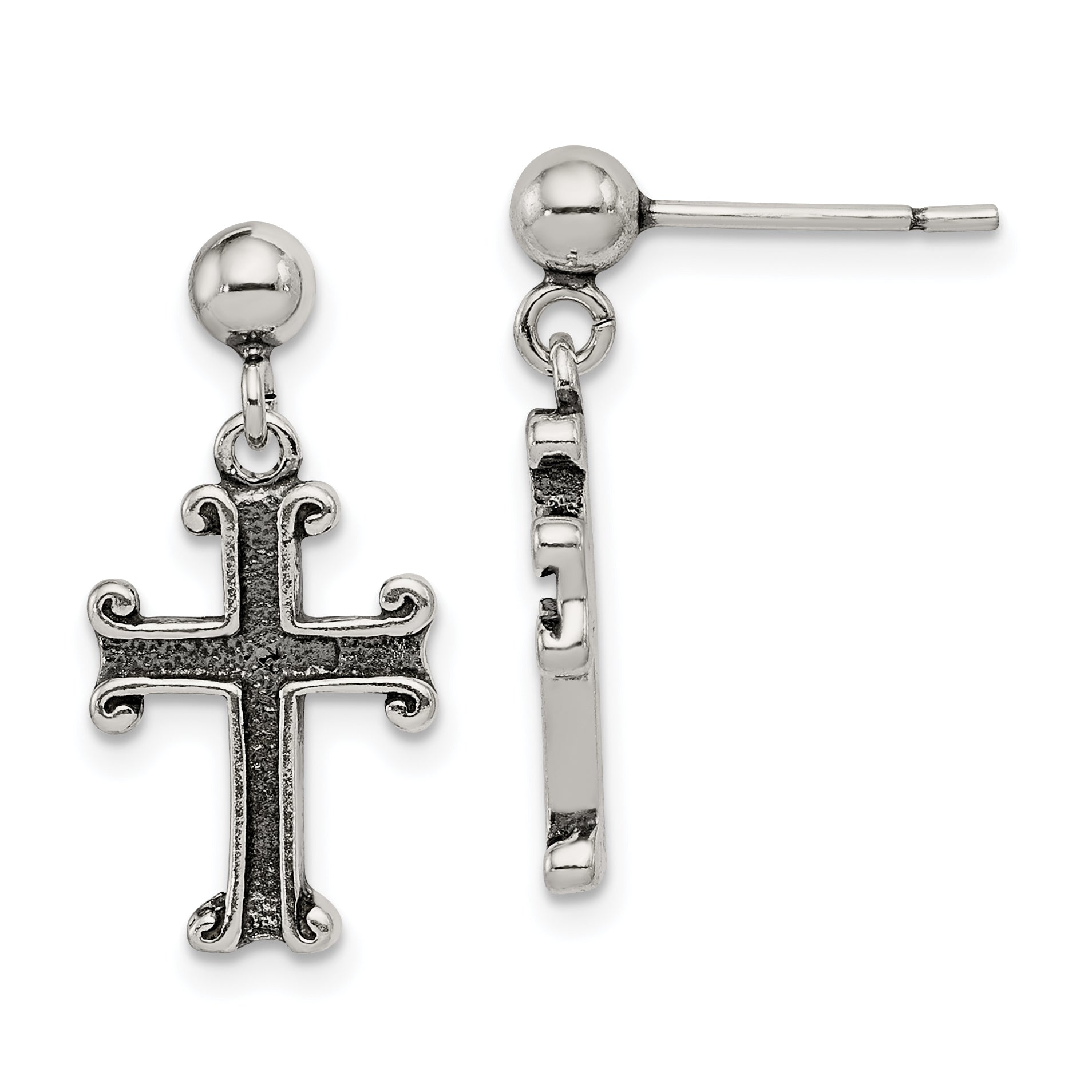 Sterling Silver Polished & Antiqued Cross Post Dangle Earrings