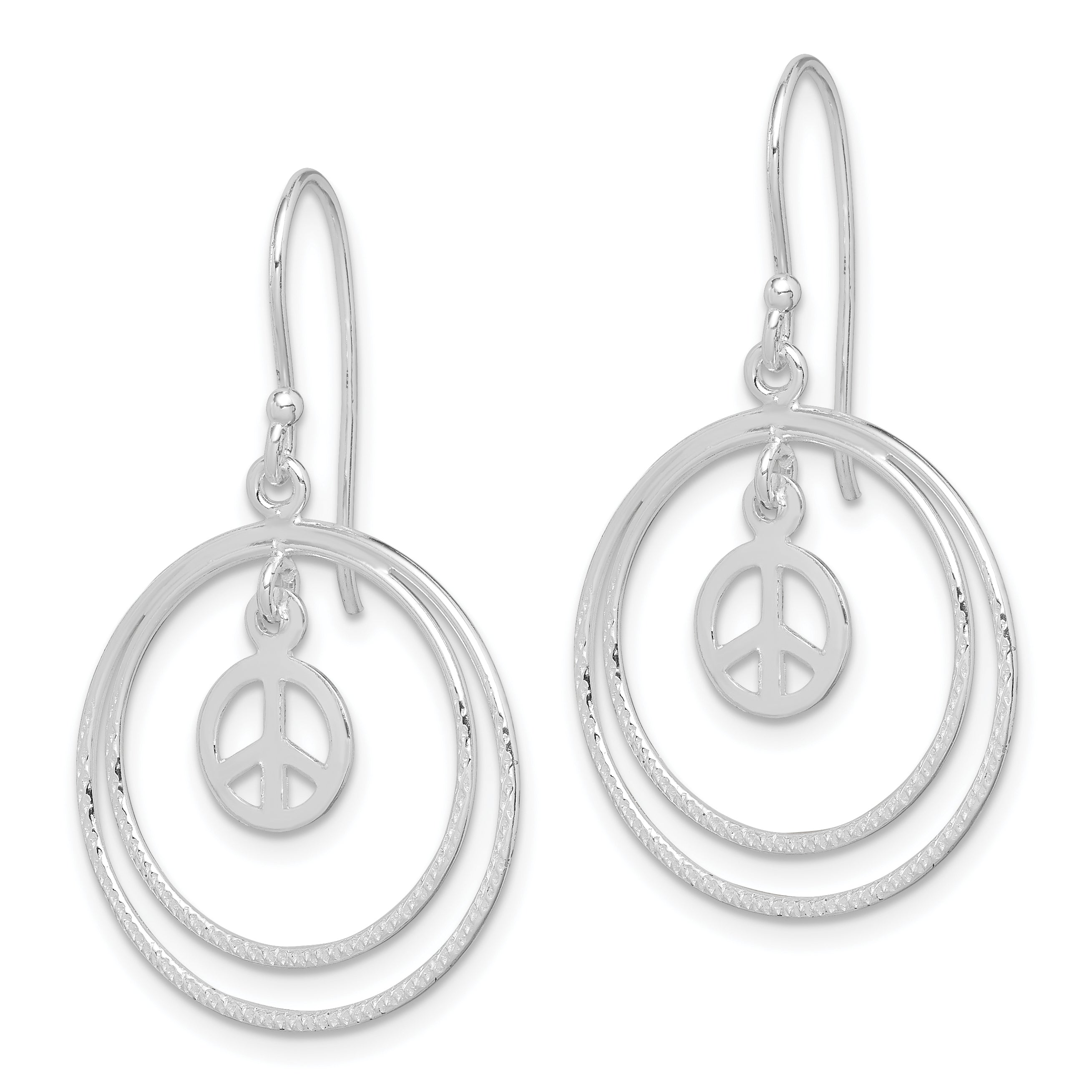 Sterling Silver Rhodium-plated Circles w/Peace Symbol Dangle Earrings