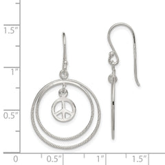 Sterling Silver Rhodium-plated Circles w/Peace Symbol Dangle Earrings