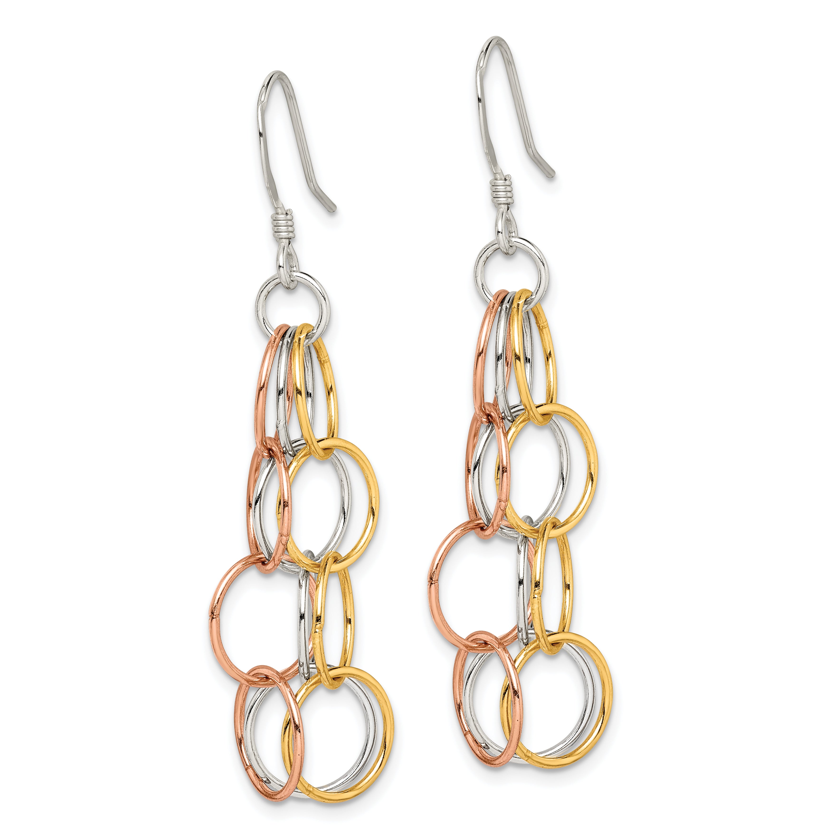 Sterling Silver w/ Tri-color Vermeil Polished Circle Link Dangle Earrings