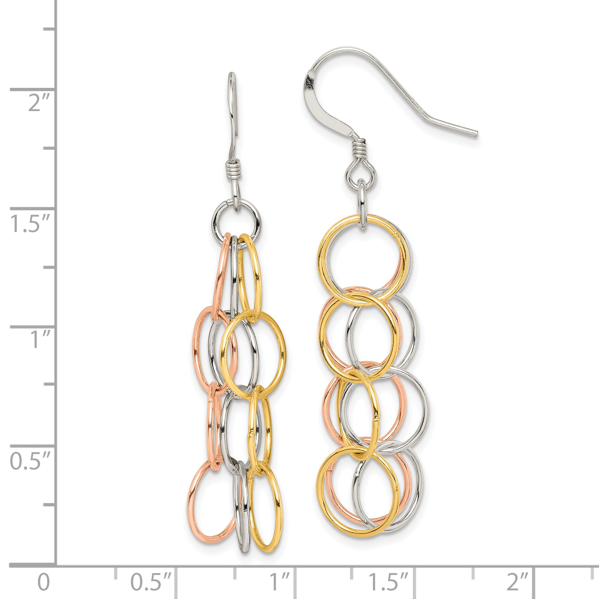 Sterling Silver w/ Tri-color Vermeil Polished Circle Link Dangle Earrings