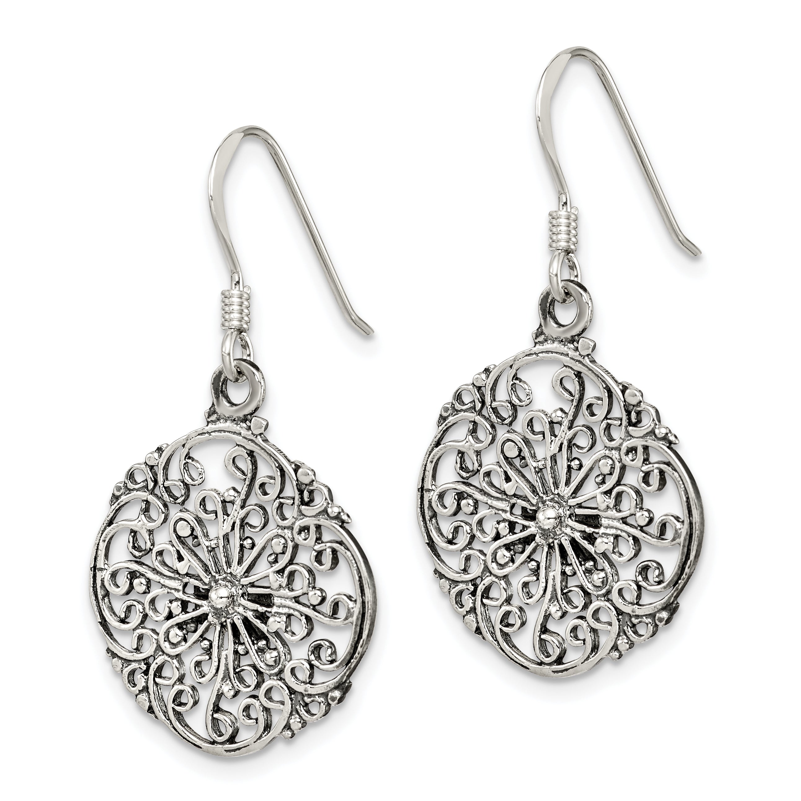 Sterling Silver Polished & Antiqued Filigree Circle Dangle Earrings