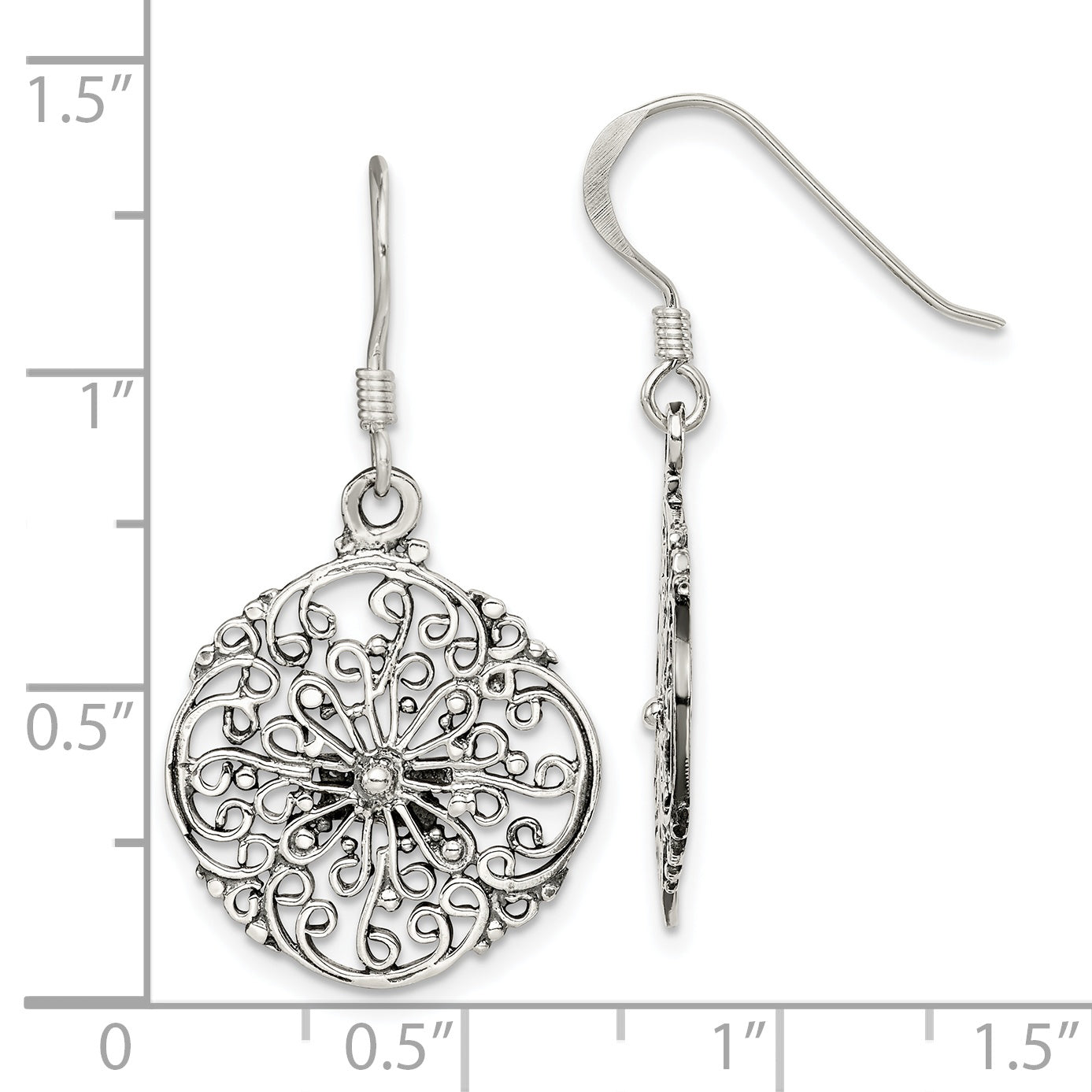 Sterling Silver Polished & Antiqued Filigree Circle Dangle Earrings