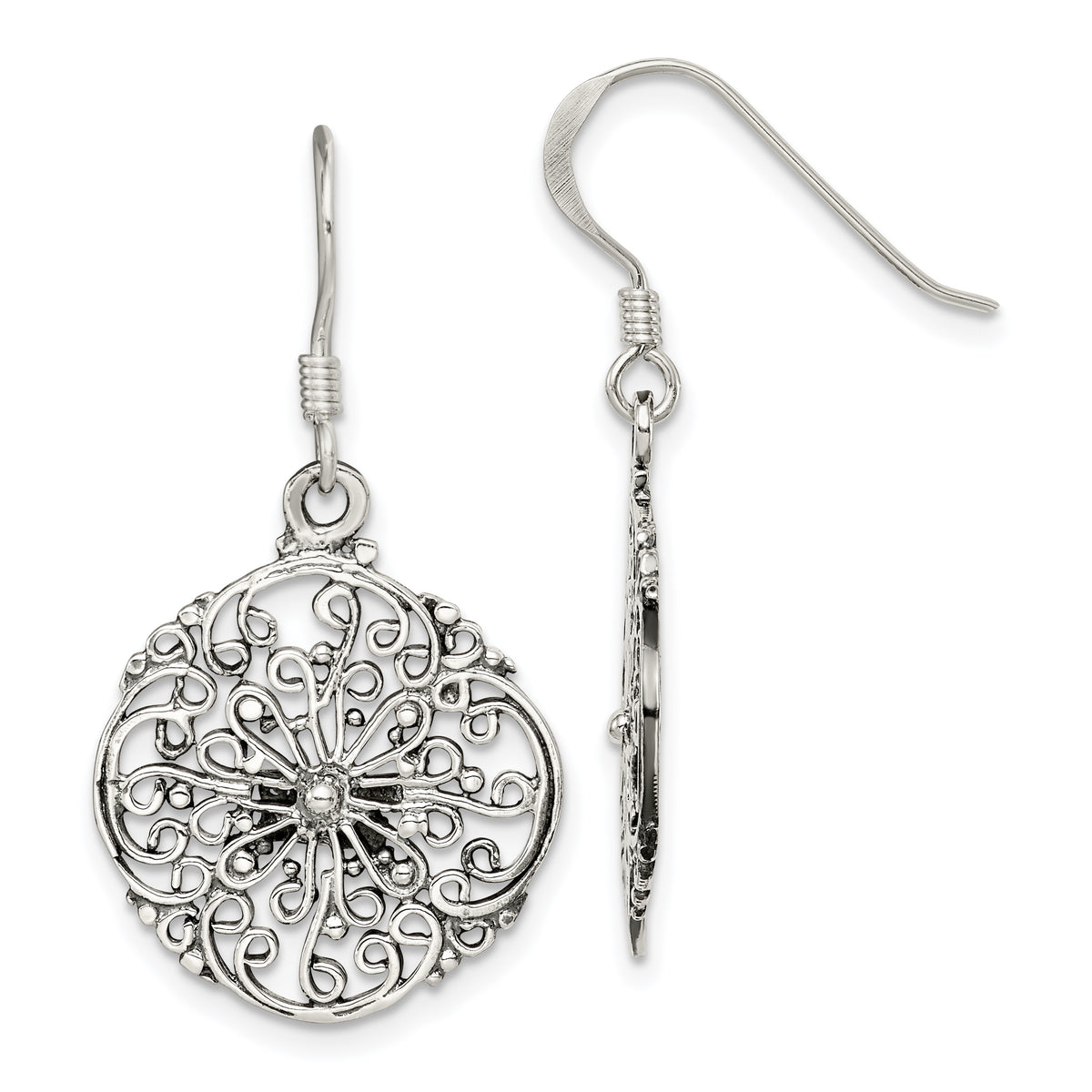 Sterling Silver Polished & Antiqued Filigree Circle Dangle Earrings