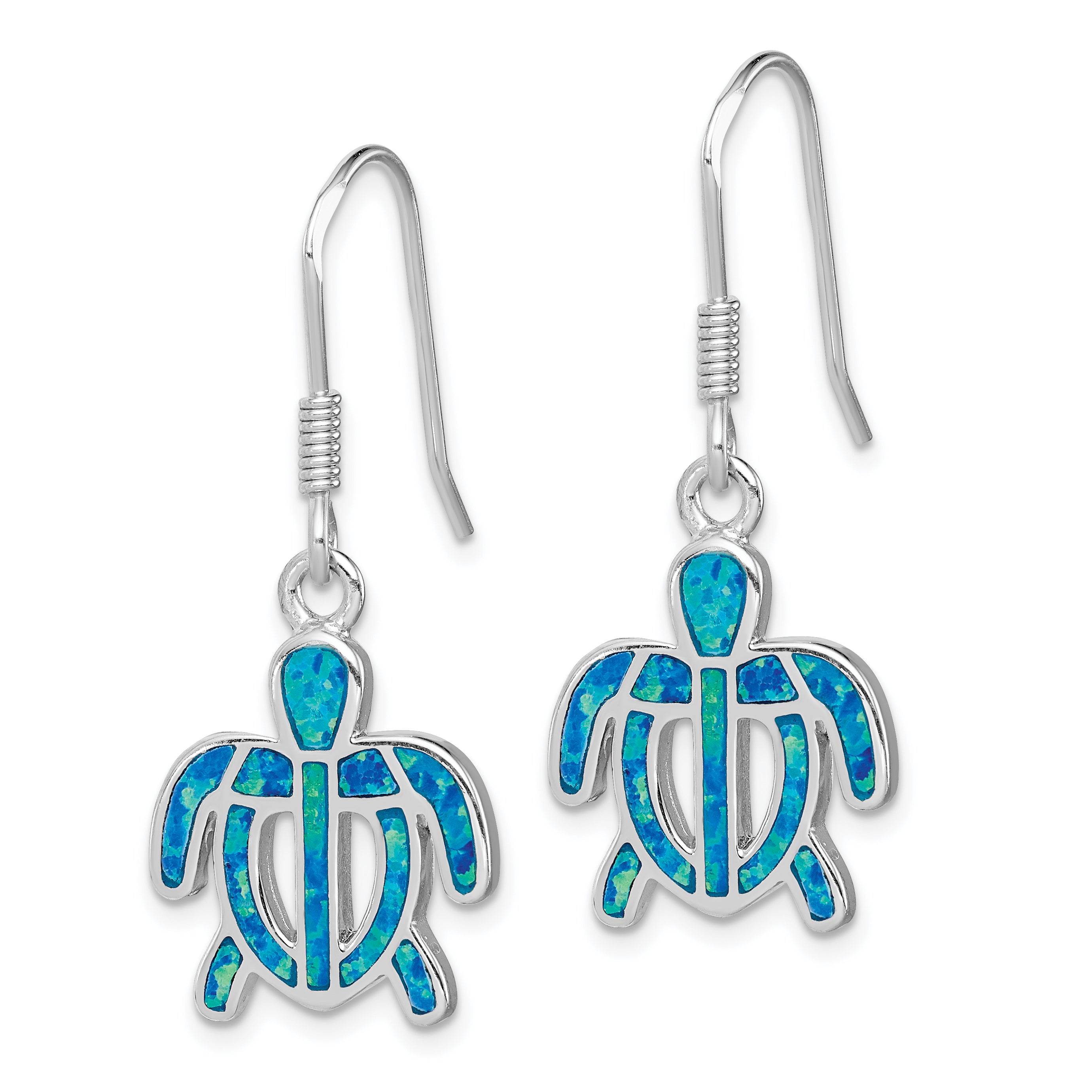 Sterling Silver Rhod-pltd Created Blue Opal Inlay Tortoise Dangle Earrings