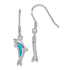 Sterling Silver Rhodium-plated Polished Created Blue Opal Inlay Dolphin Dangle Earrings