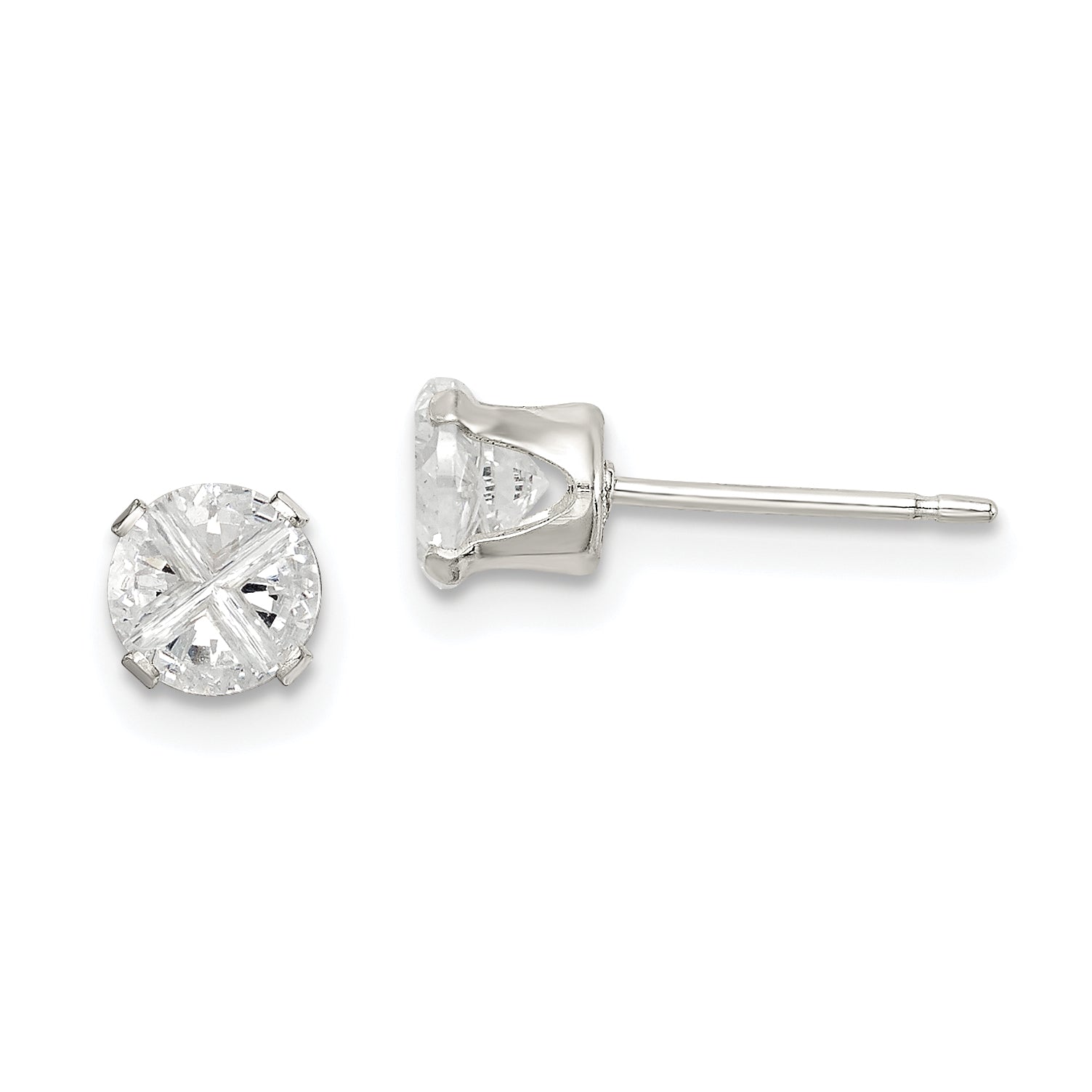 Sterling Silver 4.5mm Round Snap Set Cross-cut CZ Stud Earrings