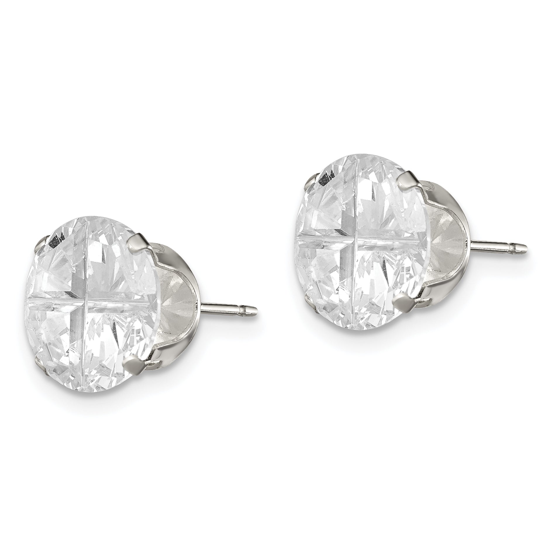 Sterling Silver 10mm Round Snap Set Cross-cut CZ Stud Earrings