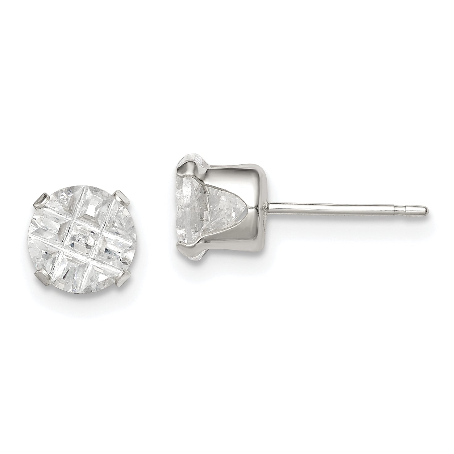 Sterling Silver 6mm Round Snap Set Laser-cut CZ Stud Earrings