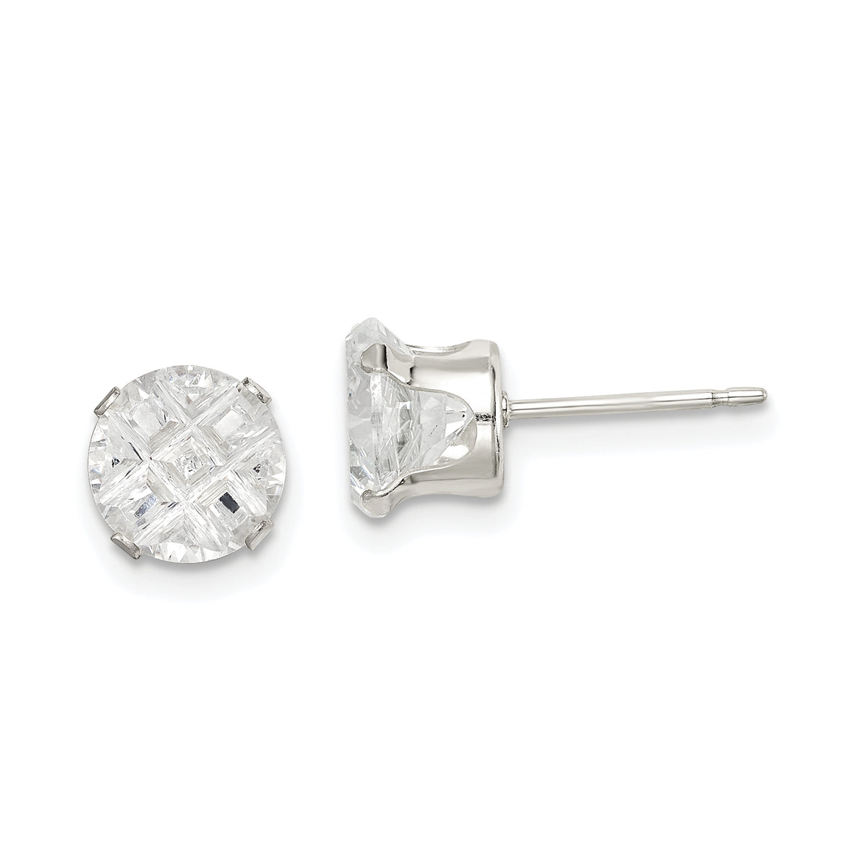 Sterling Silver 7mm Round Snap Set Laser-cut CZ Stud Earrings