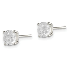 Sterling Silver 6mm Round Basket Set Laser-cut CZ Stud Earrings