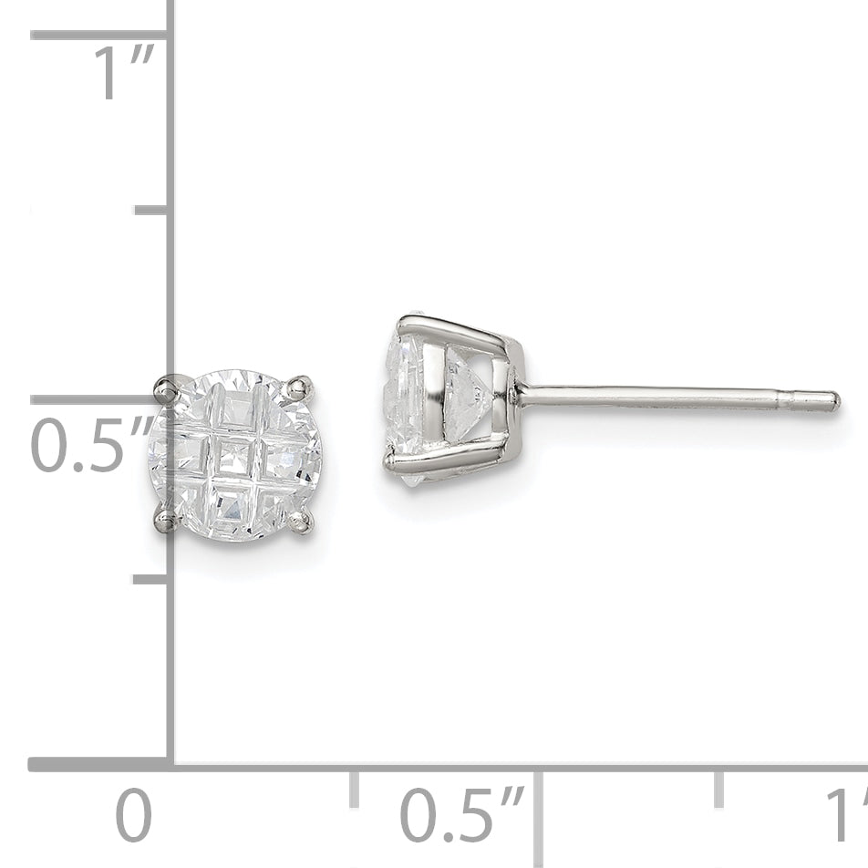 Sterling Silver 6mm Round Basket Set Laser-cut CZ Stud Earrings