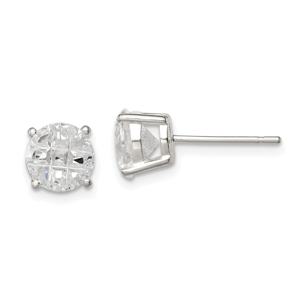 Sterling Silver 7mm Round Basket Set Laser-cut CZ Stud Earrings