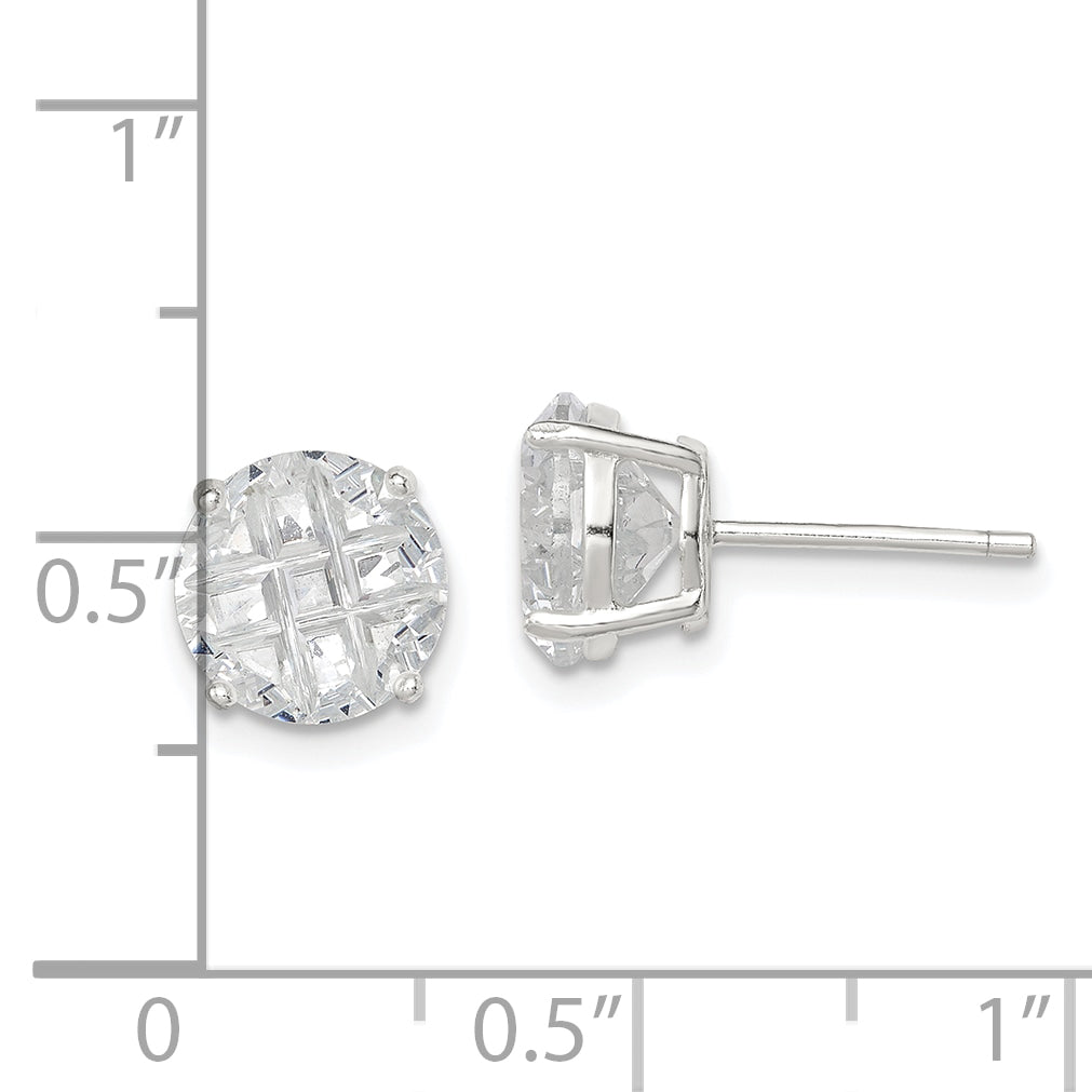 Sterling Silver 8mm Round Basket Set Laser-cut CZ Stud Earrings