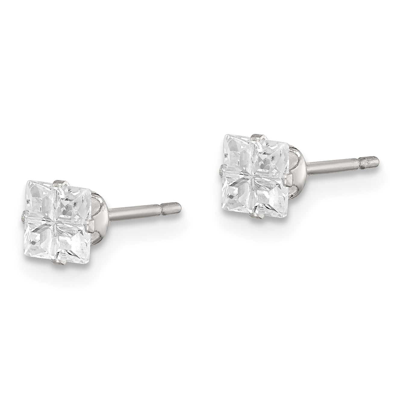 Sterling Silver 4mm Square Snap Set Cross-cut CZ Stud Earrings