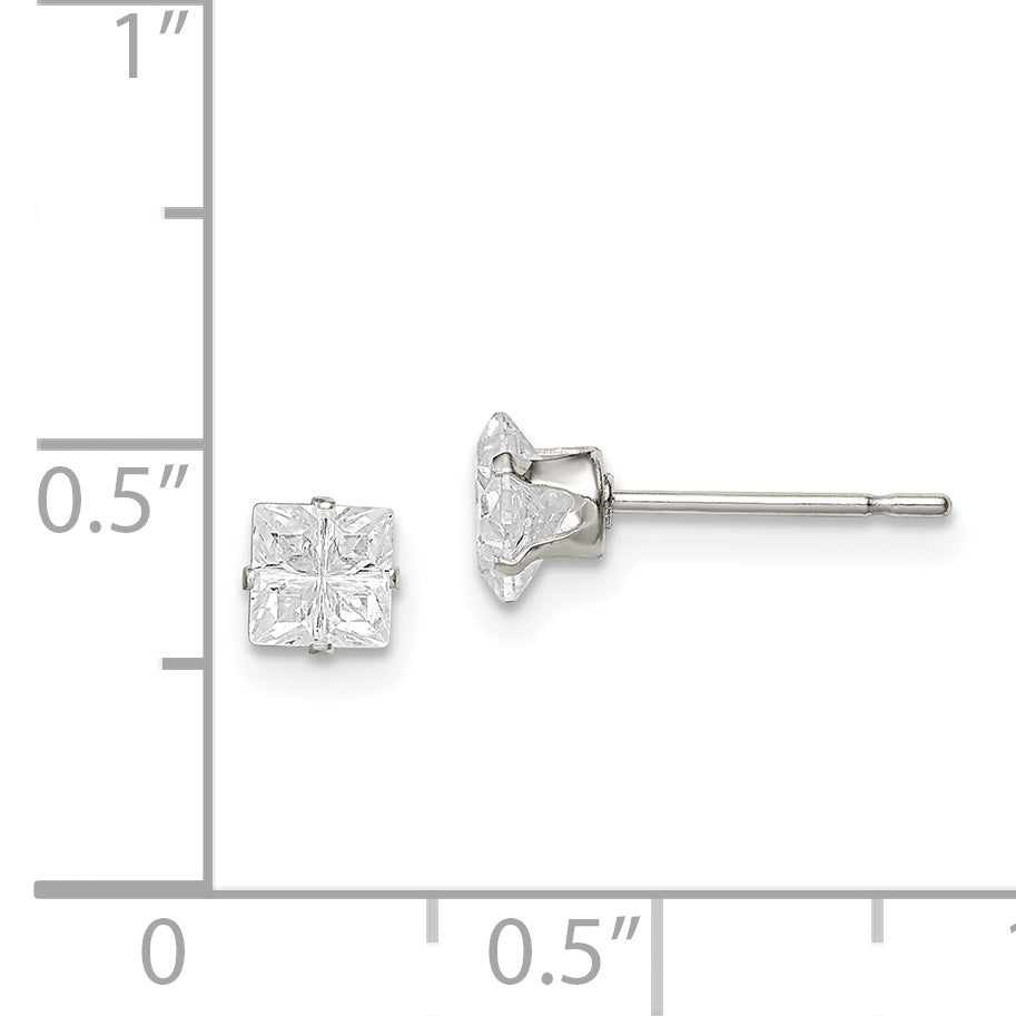 Sterling Silver 4mm Square Snap Set Cross-cut CZ Stud Earrings