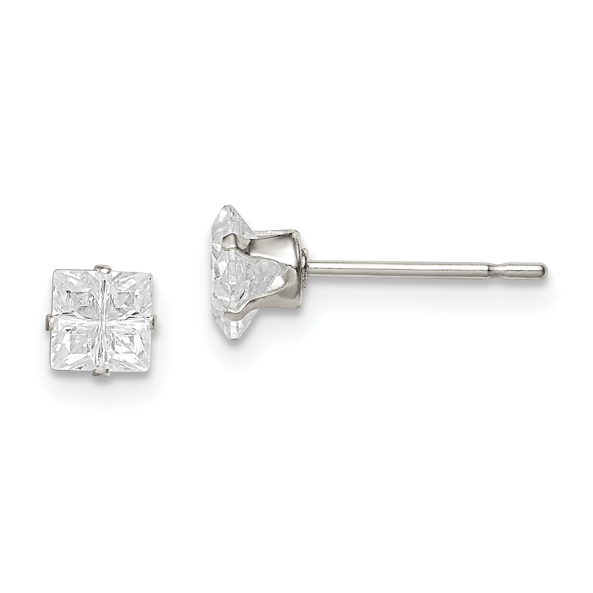 Sterling Silver 4mm Square Snap Set Cross-cut CZ Stud Earrings