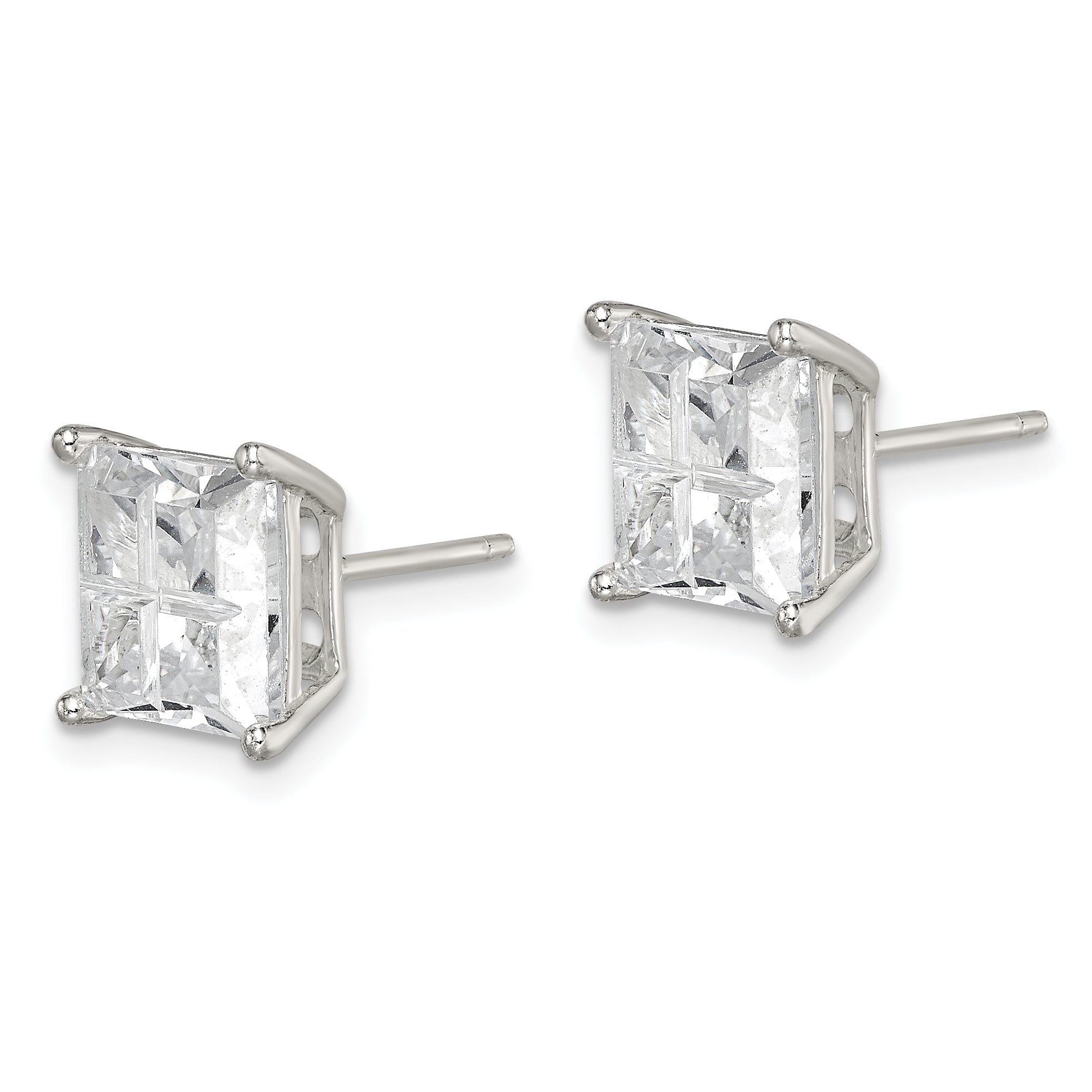 Sterling Silver 8mm Square Cross-cut CZ Basket Set Stud Earrings