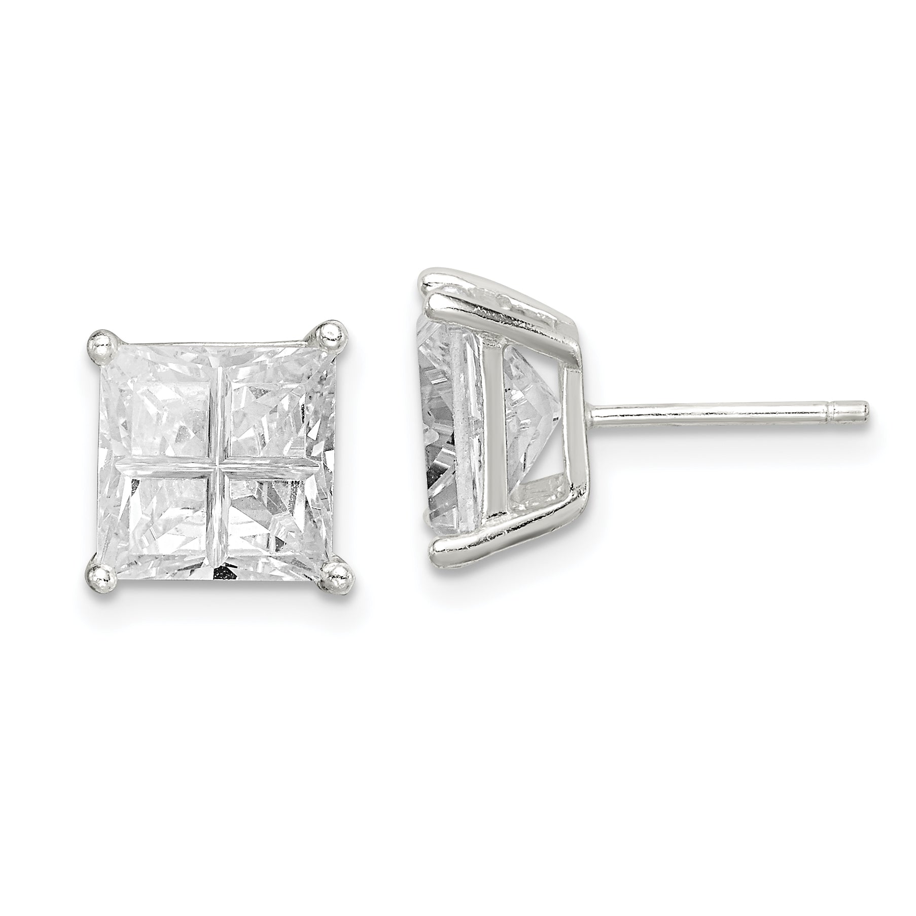 Sterling Silver 8mm Square Cross-cut CZ Basket Set Stud Earrings