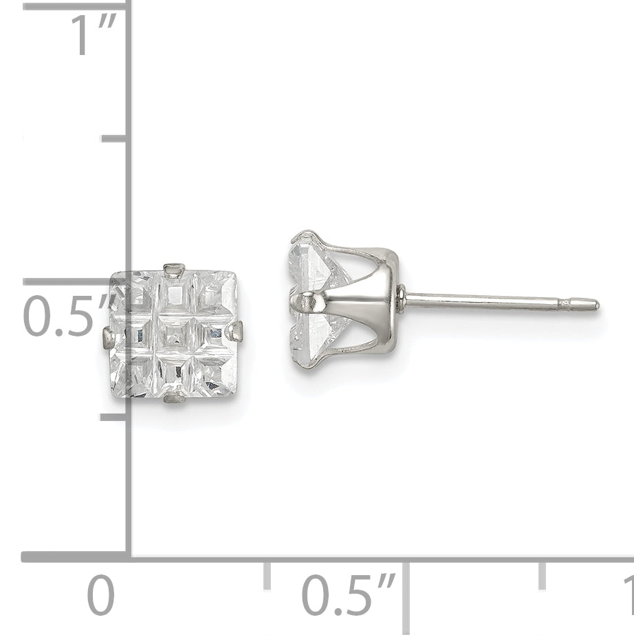 Sterling Silver 6mm Square Snap Set Laser-cut CZ Stud Earrings