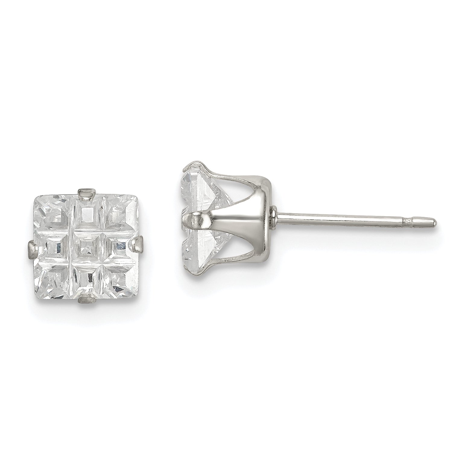 Sterling Silver 6mm Square Snap Set Laser-cut CZ Stud Earrings