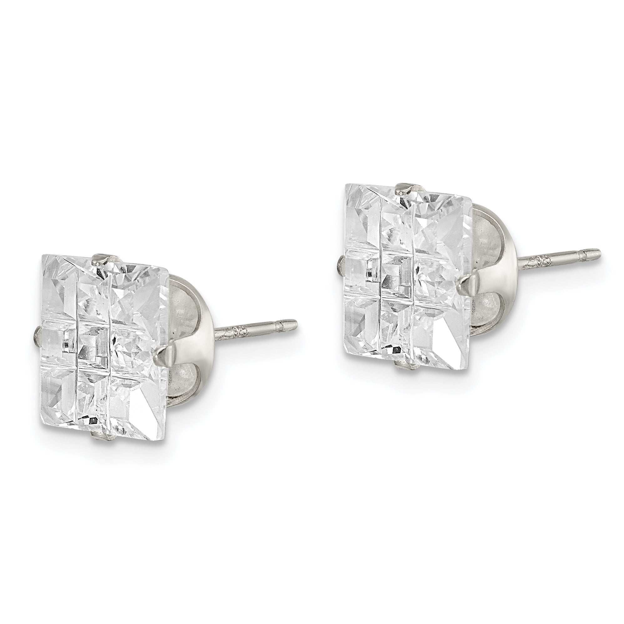 Sterling Silver 9mm Square Snap Set Laser-cut CZ Stud Earrings