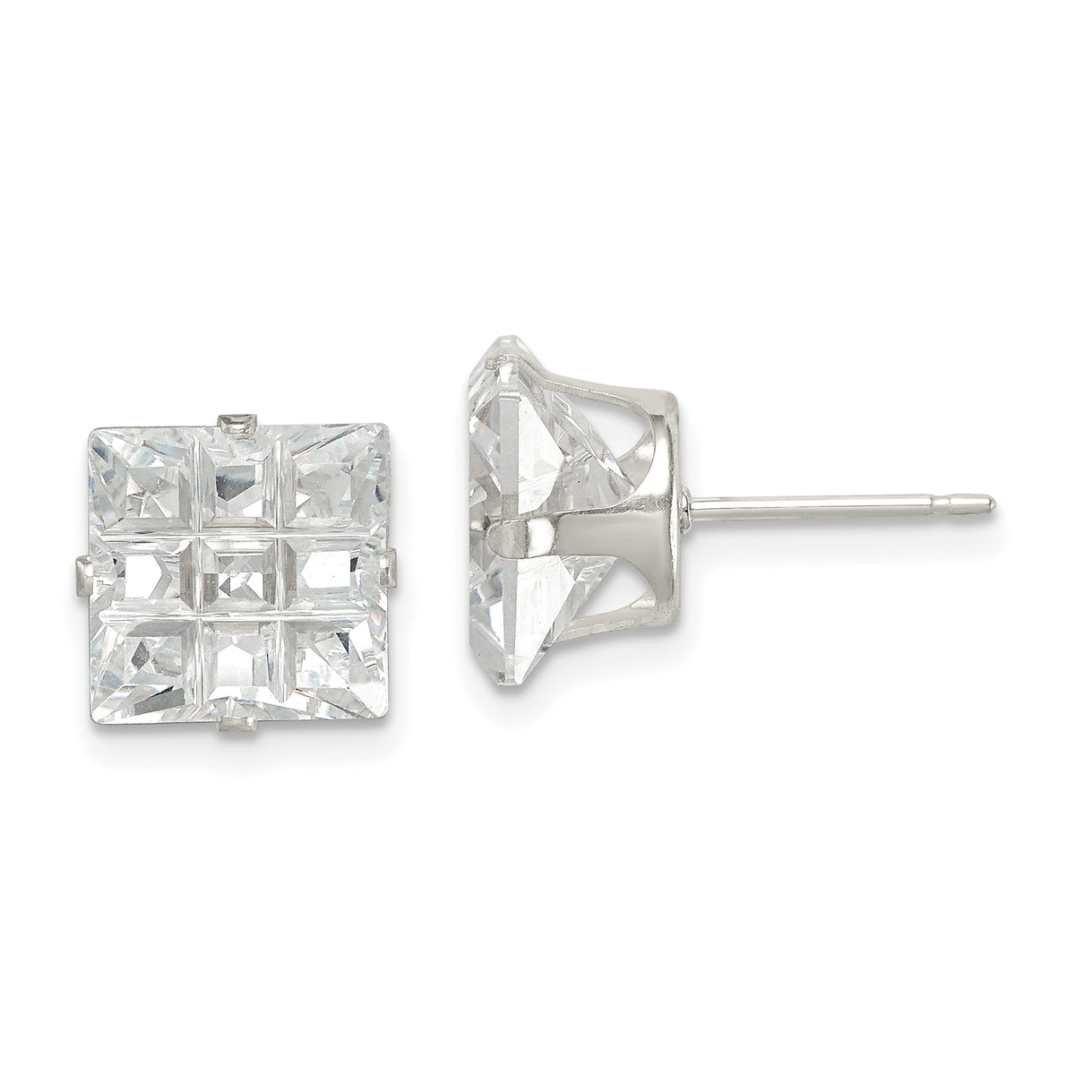 Sterling Silver 9mm Square Snap Set Laser-cut CZ Stud Earrings