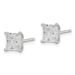 Sterling Silver 6mm Square Laser-cut CZ Basket Set Stud Earrings