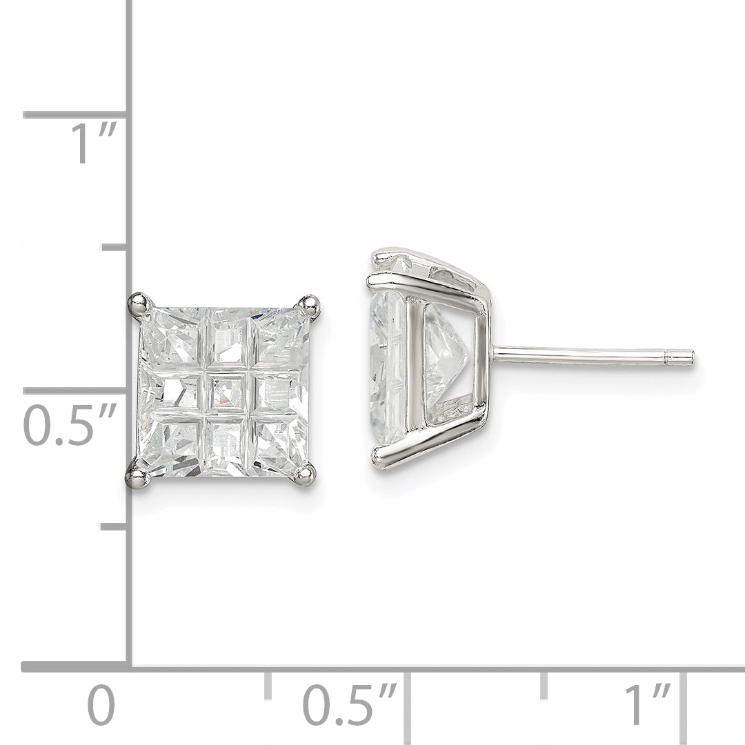 Sterling Silver 8mm Square Laser-cut CZ Basket Set Stud Earrings