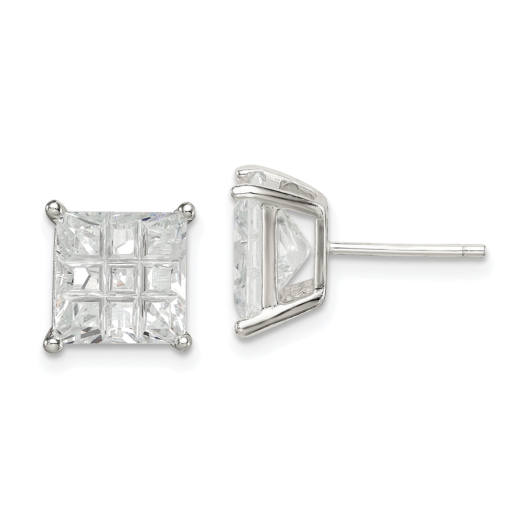 Sterling Silver 8mm Square Laser-cut CZ Basket Set Stud Earrings