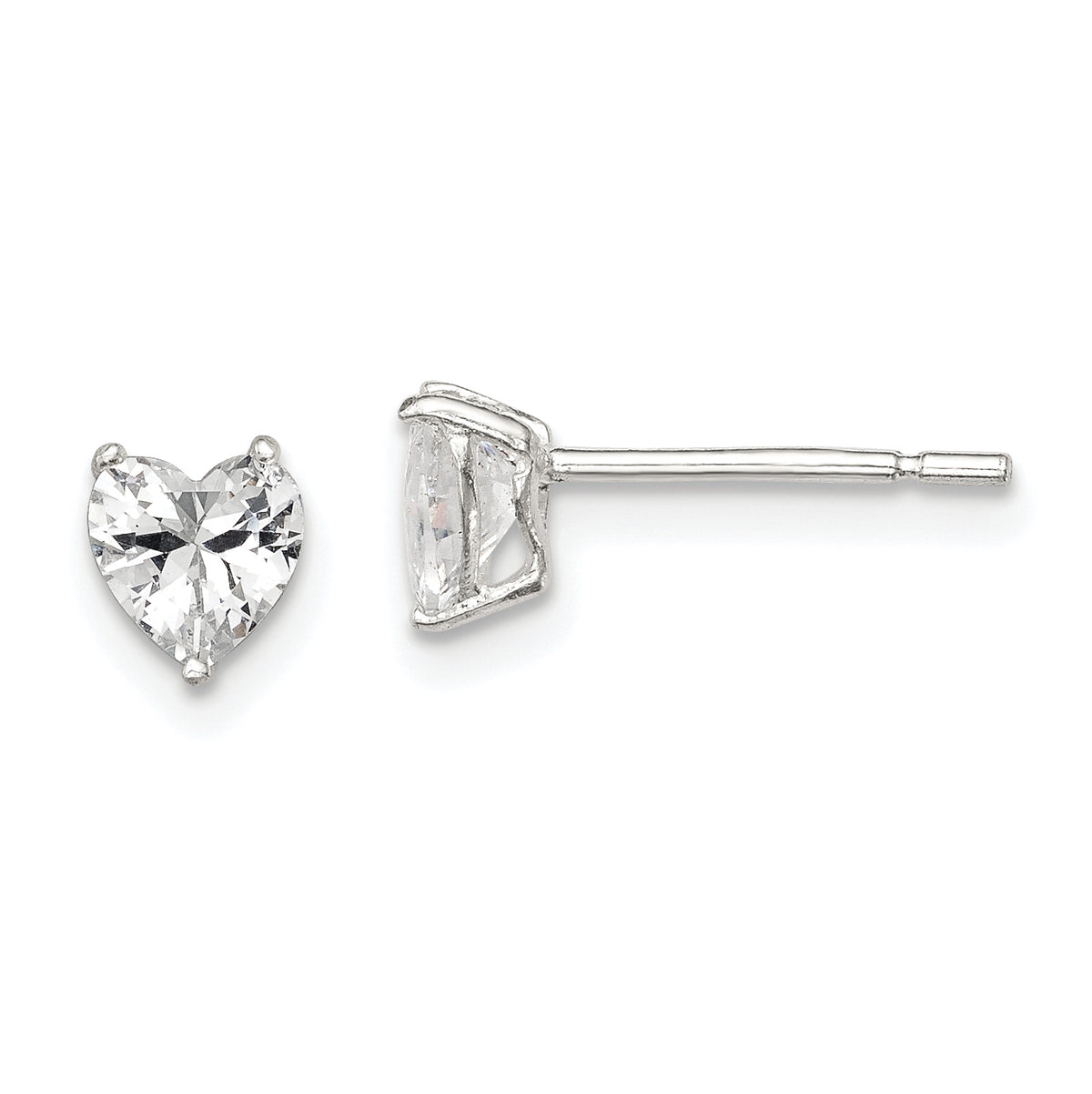 Sterling Silver Polished 5mm Heart 3 Prong Basket Set CZ Stud Earrings