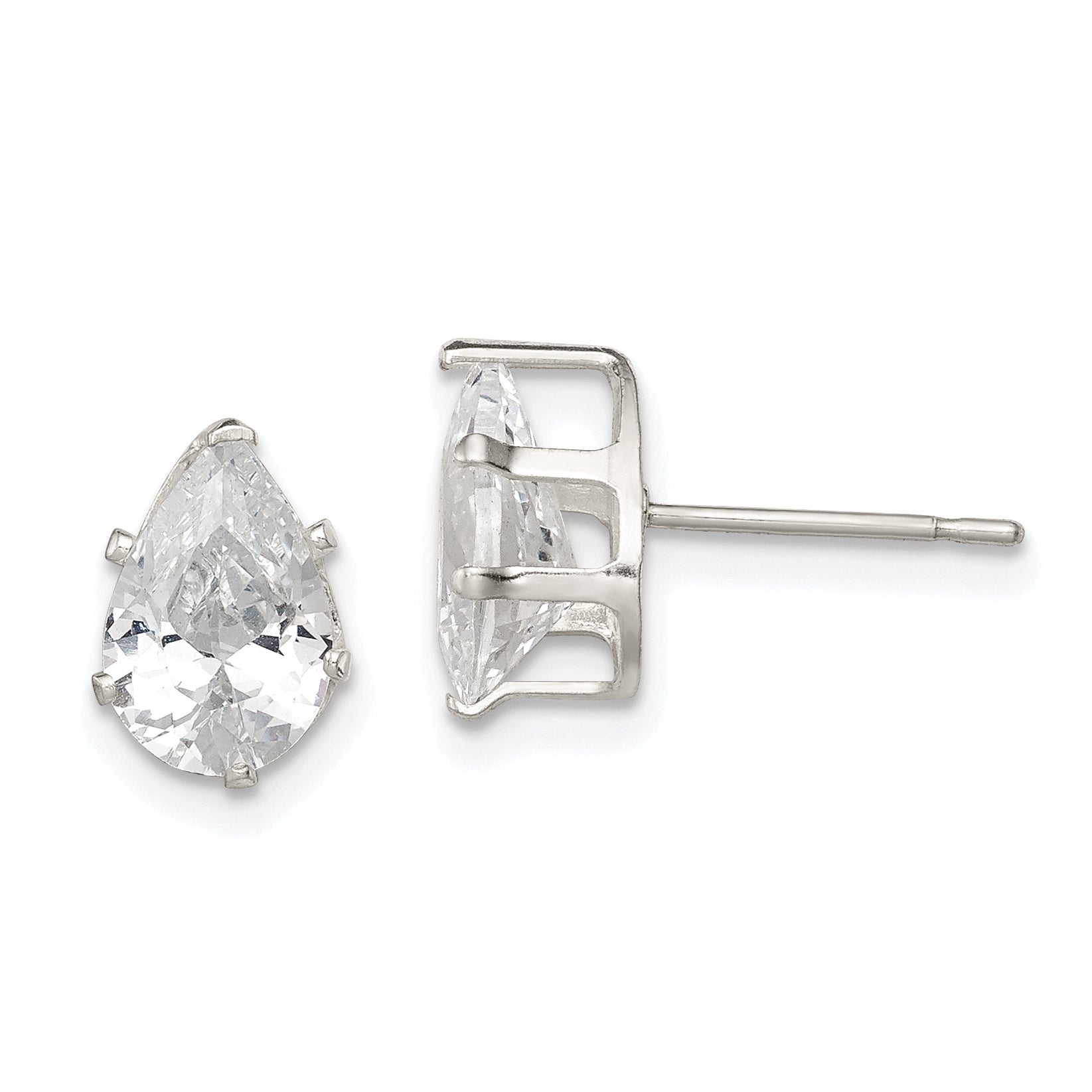 Sterling Silver Polished 9x6mm Pear Snap Set CZ Stud Earrings