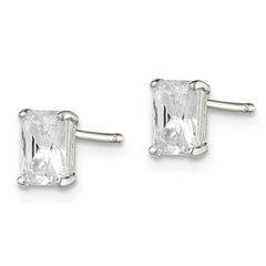 Sterling Silver Polished Emerald-cut 6x4mm Basket Set CZ Stud Earrings