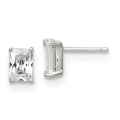 Sterling Silver Polished Emerald-cut 7x5mm Basket Set CZ Stud Earrings