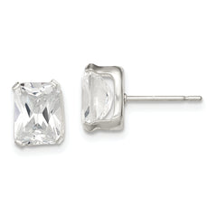 Sterling Silver Polished Emerald-cut 8x6mm Basket Set CZ Stud Earrings