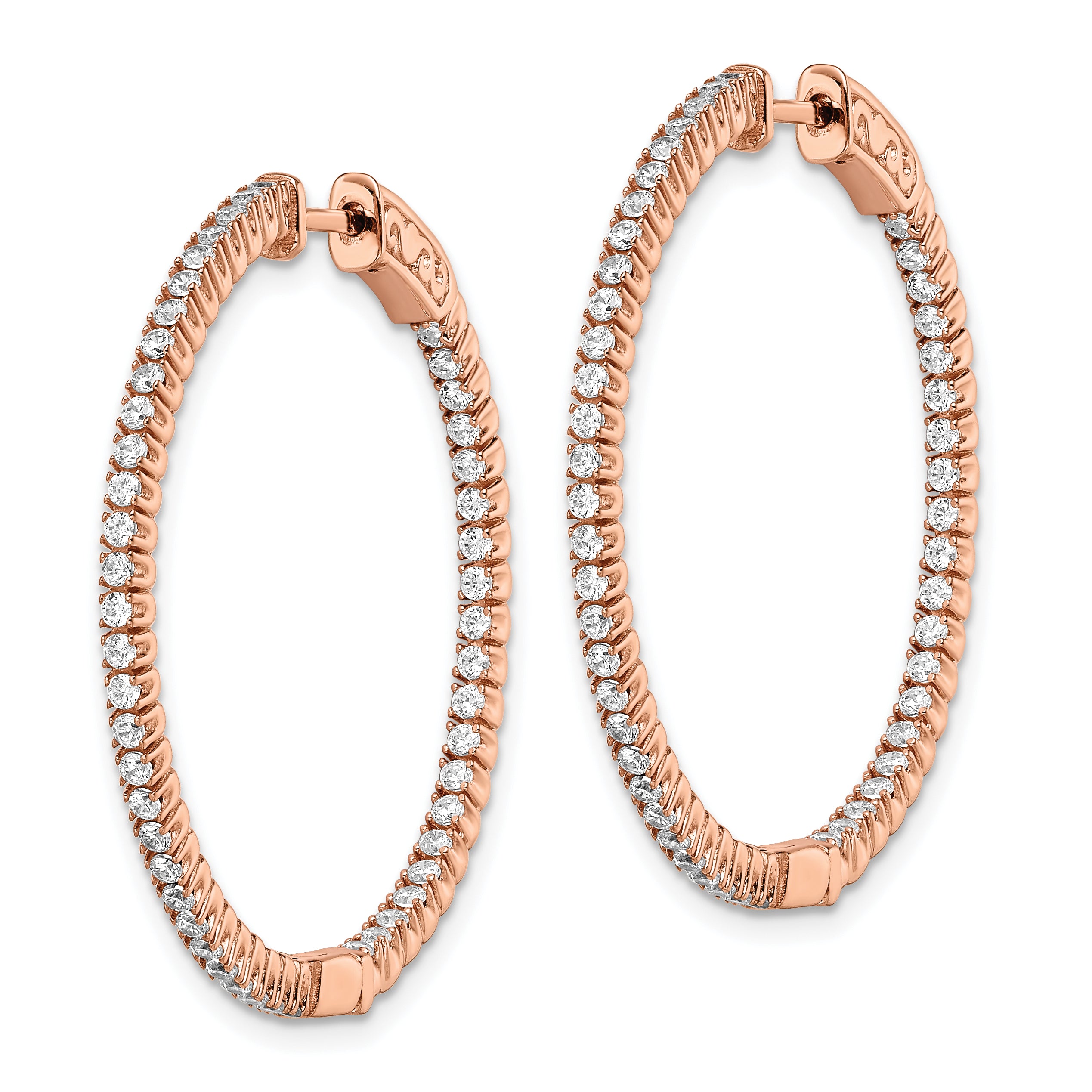 Sterling Shimmer Sterling Silver Rose-tone Flash Rose Gold-plated 100 Stone 1.3mm CZ In and Out Round Hinged Hoop Earrings