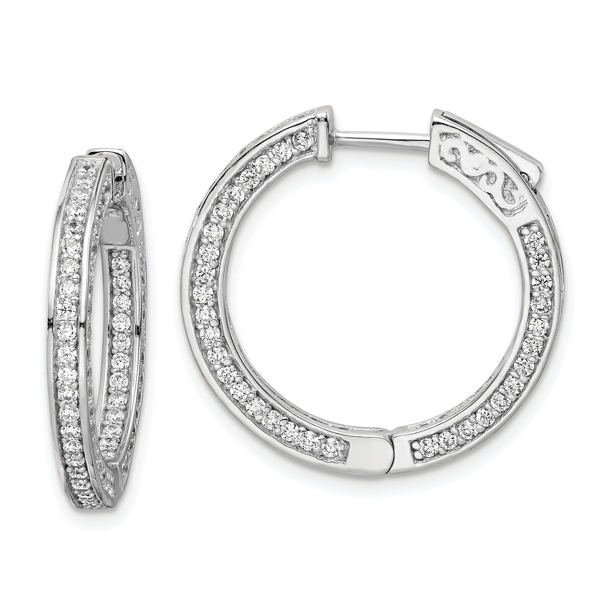 Sterling Shimmer Sterling Silver Rhodium-plated 200 Stone 1.3mm CZ In and Out Round Hinged Hoop Earrings