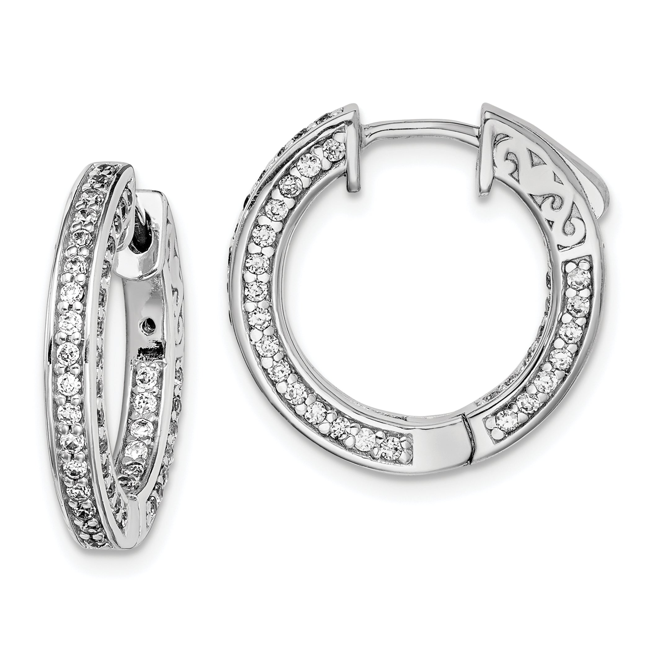 Sterling Shimmer Sterling Silver Rhodium-plated 134 Stone 1.3mm CZ In and Out Round Hinged Hoop Earrings