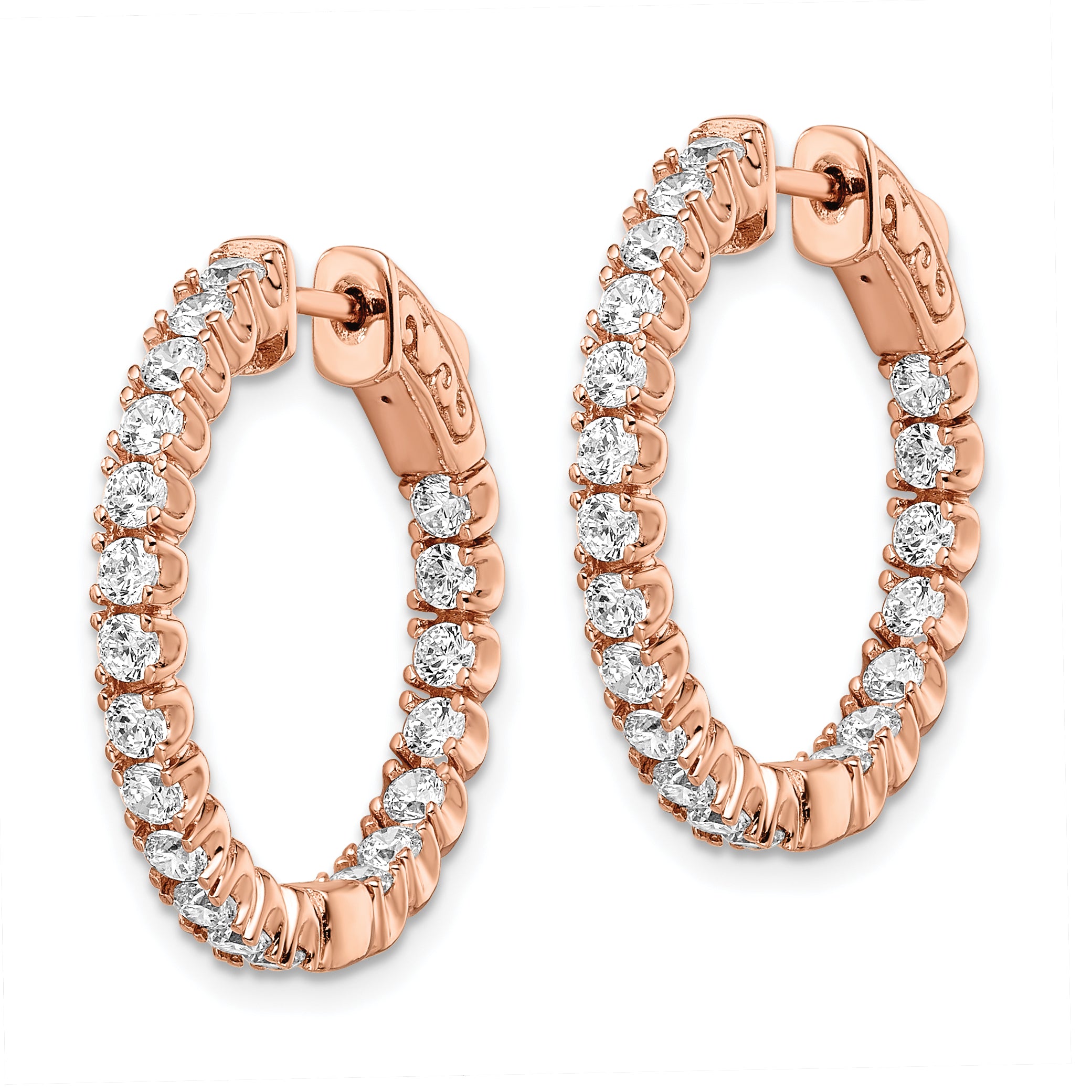 Sterling Shimmer Sterling Silver Rose-tone Rose Gold-plated 40 Stone 2.25mm CZ In and Out Round Hinged Hoop Earrings